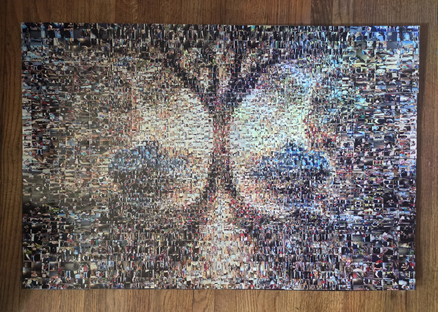 Full overhead view of the completed mosaic on its real wooden working surface